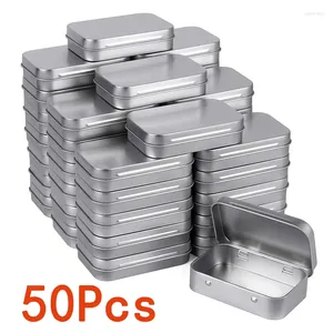 Garrafas de armazenamento 50pcs metal retangular latas de articulação de arco de prata mini caixa portátil pequena organizadora de casas com tampas de recipientes de artesanato