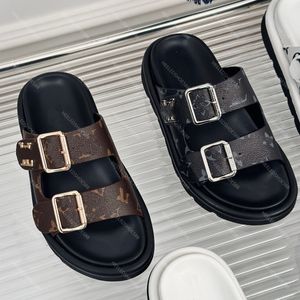 Projektanci sandały Sandałowe buty zwykłe Kapcie damskie Modna klamra wąska opaska drukowana skórzana fabryka Fabryka płaska obcina 35-45 UNISEX Sandal