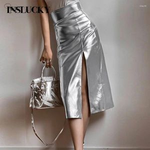 Scherma di gonne in pelle d'argento in vetro a fessura in pietra inolce intagliata da donna Fashion Causal Elegant Office Lady Midi Summer Clothing 2024 2024