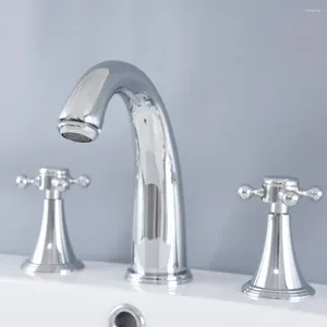 Bathroom Sink Faucets Dual Knob Cross Handle Chrome Brass Widespread Basin Faucet And Cold Water Tap Deck Mounted Tub Mixer Dnf976