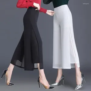 Women's Pants Office Lady Double Chiffon Spring Summer High midja Thin Culottes Elastic Loose Split Casual Women Long Trousers Q144