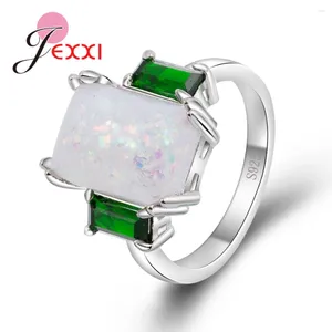 Cluster Rings Real 925 Sterling Silver Girls Women Fashion Rectangle White Fire Opal Anillos With Green Crystals Wedding Jewelry