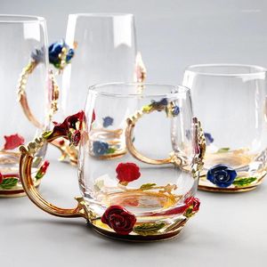 Copos de vinho colorido para esmalte de xícara de água de vidro de vidro de chá de rosa decoração de cristal de cristal com alça para um conjunto de casas para casas de casamento presentes de casamento