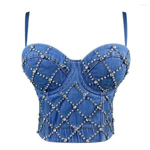 Women's Tanks 2024 Autumn Denim Rhinestone Cropped Sexy Women Top With Cups Push Up Camisole Bustier Corset Female Performance Ropa Mujer