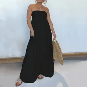 Casual Dresses Women Strapless Dress Solid Color A-line Stylish Off Shoulder For Bandeau Waist Pleated Hem