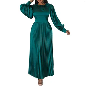 Casual Dresses Solid Satin Silk Pleated African Long Dress Lantern Sleeve Maxi Elegant Party Wedding Traditional