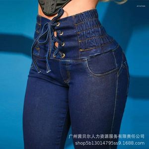 Women's Jeans Women 2024 Spring Creative High Waist And Hip Lift Button Drawstring Tight For