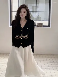 Work Dresses 2 Piece Sets Women Casual Elegant Vintage White Midi Skirts Korean Clothes Y2k Crop Top Coats Blazer OL Suits 2024 Spring Chic