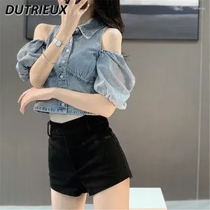 Women's Blouses Pure Desire Style Sexy Girl Off-Shoulder Denim Shirt Female Summer Design Sense Niche Retro Fashionable Short Top