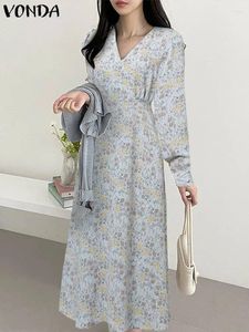 Casual Dresses VONDA Women Autumn Dress 2024 Elegant Long Sleeve Sundress Bohemian Floral Printed Midi Sexy V-neck Party Vestido Robe