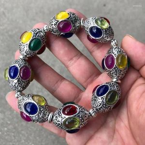 Strand Factory Wholesale Vintage Tibetan Silver Inlaid Jade Six Words Motto Diy Beaded Bracelet