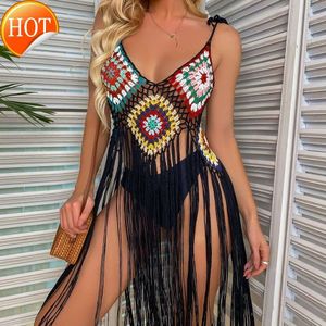 디자이너 섹시 비키니 세트 2024 New Fashion Womens Crochet Boho 커버 업 섹시 중공 프린지 헴 비치 드레스 여름 여자 목욕복 해변웨어 튜닉 스커트 230508