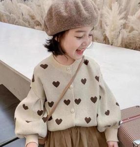 Children love heart knitted cardigan girls round collar lantern sleeve sweater outwear 2022 autumn kids princess clothing Q80882856022199
