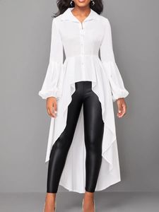 LW Asymmetrical A Line Blouse Dress Long Sleeve T-shirt Plain White Maxi Dresses Lapel Neck Button Elegant Office Vestidos 240325
