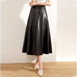Kjolar 2024 äkta läder kjol höst och vinter mode enkel pendling stil geometrisk sömnad design fårskinn halv längd