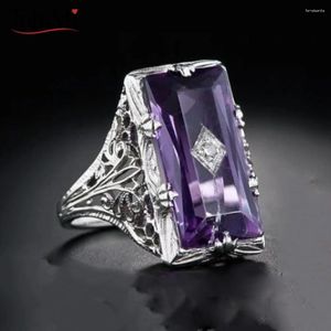 Anelli a grappolo Gioielli femminili S925 Anello d'argento Grande Piena Purple Stone Out Out Geometric Zircone Engagement