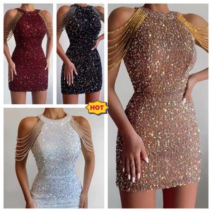 Women's designer dress Fashion halter sexy crystal fringe wrap hip spring/summer new sequins waist evening gift