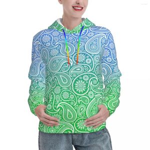 Women's Hoodies White Paisley Casual Blue To Green Hooded Sweatshirts Autumn Long Sleeve Streetwear Oversize Pullover Hoodie