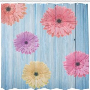 シャワーカーテン花柄のカーテンカレンデュラ植物木製素朴なボードテーマパターン装飾防水布地バスルームセット