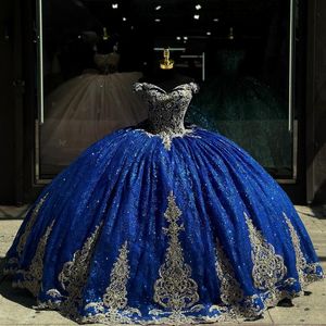 Scintillanti abiti da quinceanera blu navy Appliques dorati in pizzo perline dalla spalla Abito a sfera Crystatls Crystatls Vestidos de 15 Quinceanera