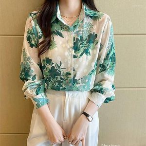 Women's Blouses Streetwear Y2k Clothes Long Sleeve For Women Elegant Green Blouse Pretty Office Lady Tops Floral Print Casual Shirts