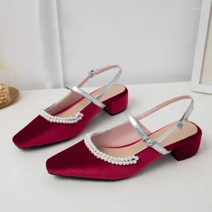 Klädskor kvinna 2024 vår 4 cm tunna höga klackar slingbacks kvinnlig spetsig tå solid flock kvinnokontor lady eleganta sandaler