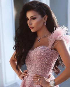 BABYONLLINE Pink Beaded Evening Dresses For Women 2024 Luxury Sweetheart With Feathers Straps Short Cocktail Prom Party Gowns 240401