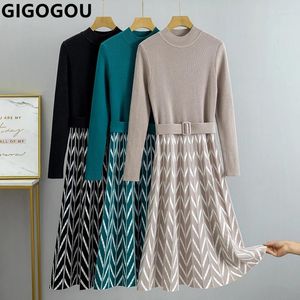 Casual Dresses GIGOGOU Christmas Tree Designer Long Knit Women Sweater Dress Autumn Winter Thick Warm A Line With Belt CHIC Female