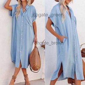 New fashionable solid color denim short sleeved dress medium length split lining dress