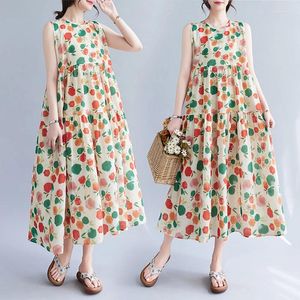 Casual Dresses Cotton Linen Printed Sleeveless Vest Retro Chic Floral Summer Dress Long Loose Streetwear Style