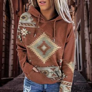 Gymkläder Autumn Winter Womens Casual Geometric Horse Print Långärmning Drawstring Pullover Tops Ethnic Style Hooded Sweatshirt 2024