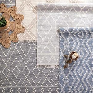 Tapetes de lã de lã de lã de lã devastada à mão Blue Jacquard Bedroom Mat Marroqucano Área decorativa vintage GEOMETRIC GEOMETRIC BOHEMIA TAP