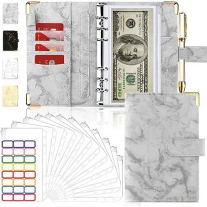 Notebooks A6 PU Leather Marble Notebook Binder Budget Planner Money Organizer for Cash Savings Zipper Envelope Pockets Stickers