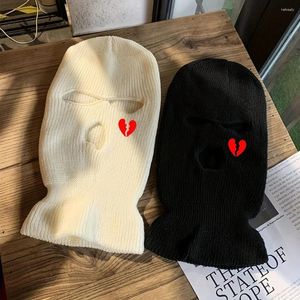 Beralar unisex kış örgü şapka tam yüz kayak maskesi kalp nakış 3 delikli kaput sıcak rüzgar geçirmez beanies açık spor balaclava