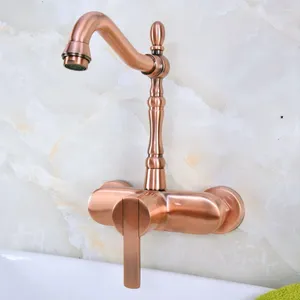 Bathroom Sink Faucets Antique Red Copper Brass Kitchen Basin Faucet Mixer Tap Swivel Spout Wall Mounted Single Lever Handle Mnf937