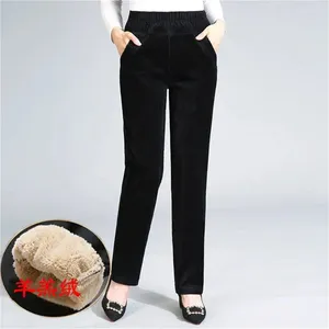 Women's Pants Liner Plush Thickened Winter Warm Pant Corduroy For Mothers High Waist Trousers Female Casual Straight Trouser Black