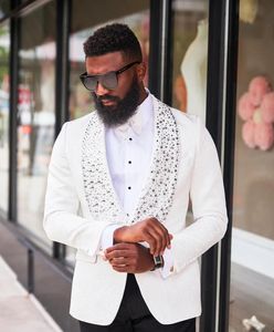 Luxury Men's Suits Tailored 2 Pieces Jacquard Blazer Vest One Button Wide Lapel Beads Diamonds Pearls Custom Made Plus Size