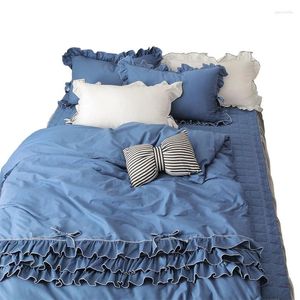 Bettwäsche -Sets Prinzessin Baumwolle Rosa Kingsize -Girl's Home Blue White Grey Kit Ruffles Qualität Europa Duvet Cover Bett Set