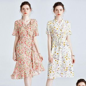 Платья плюс размеры OC 413N61 Женское платье 100% Mberry Silk Высококачественные летние печатные капли одежды Женская DHOTC DHOTC