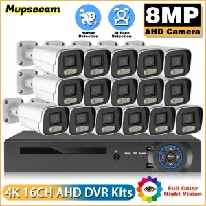 Sistem dış mekan 8mp akıllı CCTV kamera tam renkli gece görüşü 16CH 4K DVR güvenlik kamera sistemini ayarla video gözetim AHD Sistem Kiti