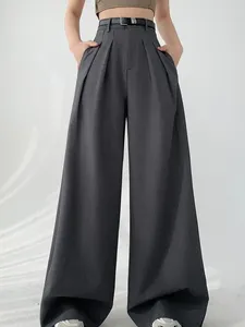 Kvinnors byxor vår sommar kvinnor grå elegant kontor veckade byxor 2024 mode svart hög midja beige bred ben lång pant casual lös