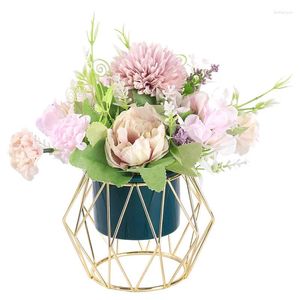 Decorative Flowers Artificial Hydrangea In Ceramic Vase Silk Chrysanthemum Mini Potted Fake With Metal Stand