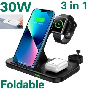 Chargers 30W Qi Fast Wireless Charger Stand For iPhone 11 12 13 Apple Watch 3 in 1 Foldable Charging Dock Station for Airpods Pro iWatch