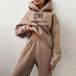 Hoodies femininos exclusivos de impressão diy feminino outono o inverno com trajes de pisca de pista casual e moletom com capuz de duas peças com capuz