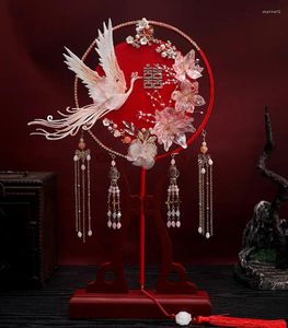 Decorative Figurines Antique Wedding Round Fan Double-sided Married Hand Embroidery Phoenix Long Handle Happy Po Props Dance Party