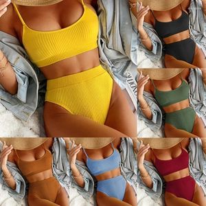 Kvinnors badkläder Kvinnor Summer Beach Bikini sätter hög midja thong damer vadderade baddräkter