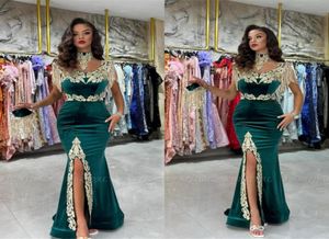 Hunter Green Mermaid Prom klär vita applikationer arabiska Dubai aftonklänningar med Tassel High Split Formal Party Vestidos9656641