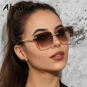 Sonnenbrille Frauen Randless Cat Eye Eyewear Gradienten Braune Schneidlinse Sonnenbrille für weibliche Legierung Brillenmarke Designer