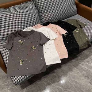 2024 Early Spring New Nanyou MIU Age Reducing Temperament Versatile Heavy Industry Three-dimensional Flower Crystal Diamond Studded Bead Short Sleeved T-shirt