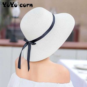 Wide Brim Hats Bucket Hats YOYOCORN Straw hat female summer small fresh hat sun hat floating belt sunscreen folding large coastal sun hat beach cap 240407